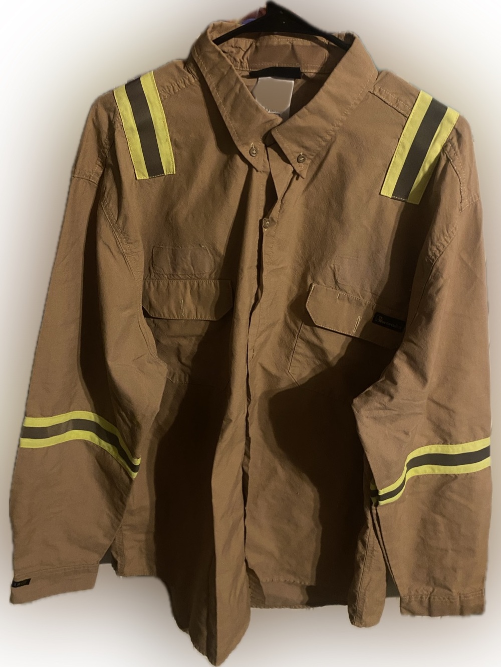 Bulwark FR Men's Tan Button-Down Work Shirt with Reflective Stripes